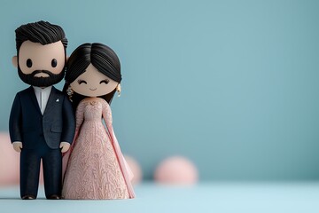 Cute wedding cake topper figurines of bride in pink lace dress and bearded groom in suit against soft blue background with copy space for wedding design.