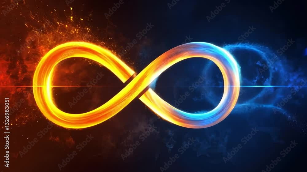 Poster vibrant infinity symbol in glowing orange and blue dynamic abstract design representing balance and 