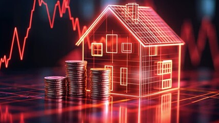 3D house model showcasing coins and financial graph, highlighting real estate investment trends and market growth in property sector. - Powered by Adobe