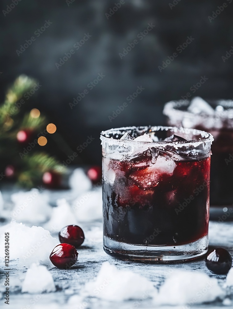 Poster chilled refreshing dark berry cocktail served with ice and garnished with cranberries : generative a