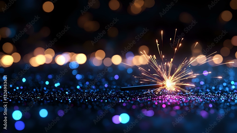 Poster glowing sparkler on dark glittery surface with colorful bokeh lights creating magical festive atmosp