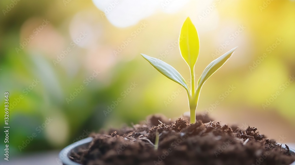 Poster fresh green sprout emerging from fertile soil bathed in warm sunlight representing growth and new be