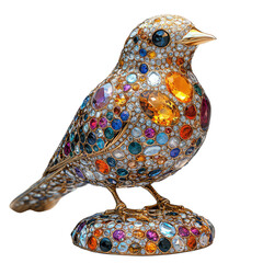 Shiny Gold Sculpture of Alpine Chough Adorned with Colorful Gems in a Detailed Artistic Representation