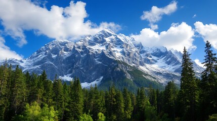 Obraz premium Stunning view of rugged mountains surrounded by lush green forests and bright blue sky : Generative AI