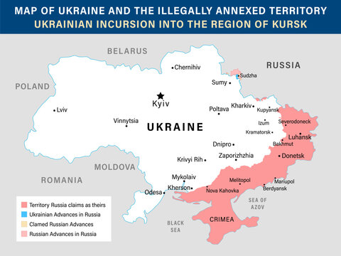 Map of Ukraine with illegally russian annexed territory border and Kursk Ukrainian incursion, March 2025. Territory russia claims and Ukrainian Advances in russia. Vector illustration