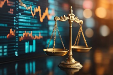 The golden scales symbolize justice, with digital graphs and charts