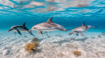 Obraz premium Group of Oceanic Dolphins Swimming Above Sandy Seabed