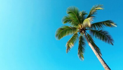 Tall coconut palm tree against vibrant blue sky, plant, stock, asset