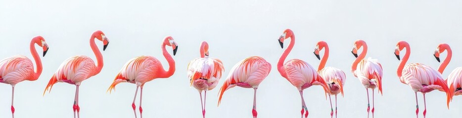 Naklejka premium Pink Flamingos in a Row Against White Background
