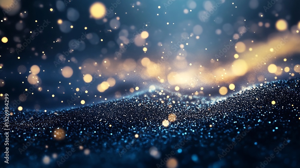 Poster close up of shimmering particles of light and sparkles on dark background : generative ai