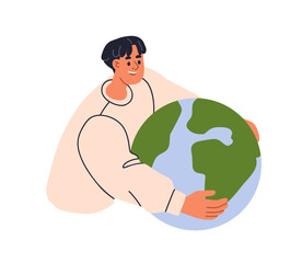 Earth care, saving planet concept. Human embracing globe. Holding, hugging world for ecology protection, environment conservation. Eco firendly flat vector illustration isolated on white background © Good Studio