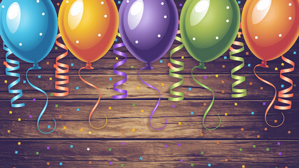 Colorful balloons and ribbons on wood background, celebrating festive occasion, ideal for party invitations or celebratory designs, free space for text. Happy Birthday background
