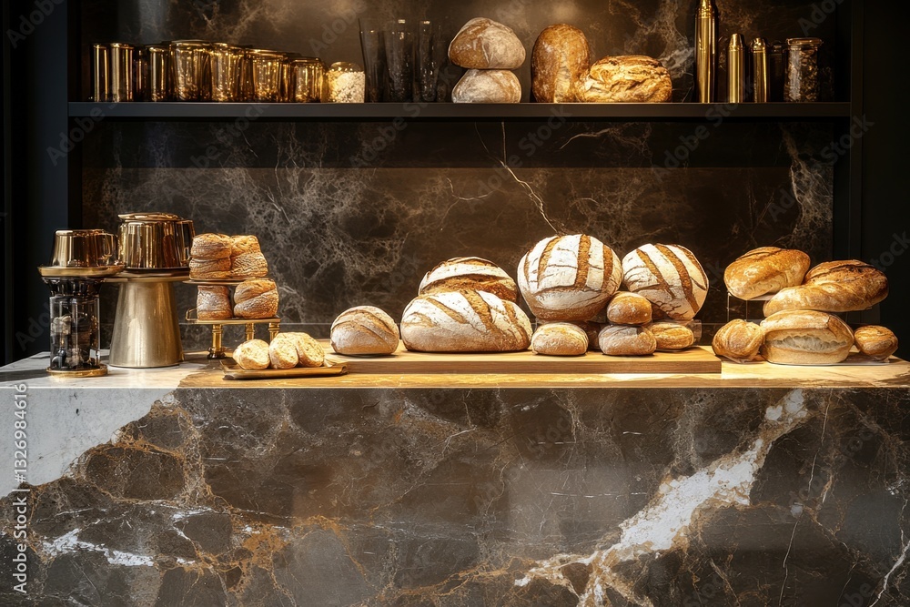 Poster artisan bakery display with rustic bread loaves on marble counter and golden accents creating a warm