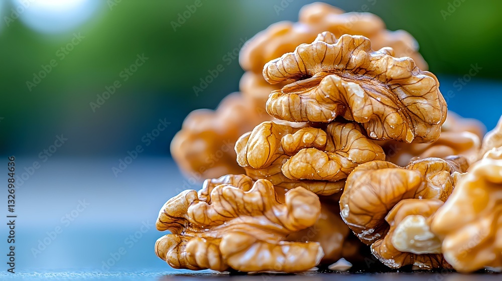 Poster fresh walnut kernels in macro view showing detailed texture and natural ridges against blurred backg