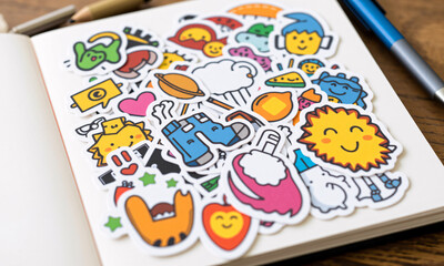 A colorful set of cartoon stickers displayed on a notebook