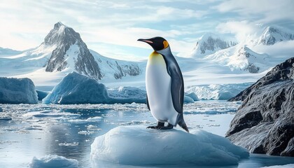 Fototapeta premium Emperor penguin standing on ice floe in antarctica with snowy mountains