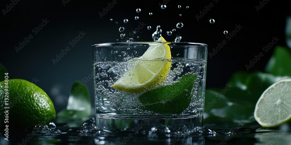 Poster Lemon Wedge Cascades Into Sparkling Water, Creating a Refreshing Splash With Vibrant Citrus Elements and Soft Lighting Generative AI