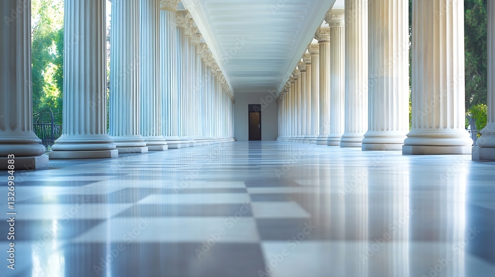 Poster Grand hallway lined with columns showcasing classic architecture and symmetry in bright light : Generative AI