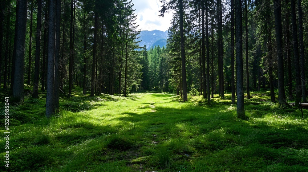 Poster a captivating view of a lush forest landscape framed by tall trees offering a glimpse of the blue sk