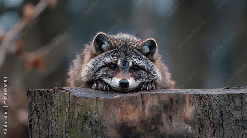 Poster A cozy raccoon resting on a log with its head slightly tilted in a peaceful woodland setting during twilight : Generative AI