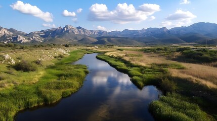 Breathtaking Mountain Landscape with River and Lush Greenery Under a Blue Sky : Generative AI