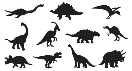 A set of dinosaur silhouettes are shown in various poses, including a T Rex and a Stegosaurus. vector isolated on transparent background