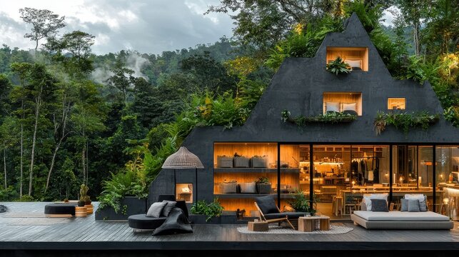 Lavish tropical villa set in a lush forested landscape providing a secluded outdoor oasis with high end amenities and an exclusive hospitality experience  The modern