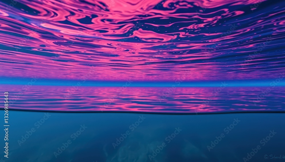 Poster serene water surface with abstract patterns reflecting vibrant pink and deep blue hues creating a ca