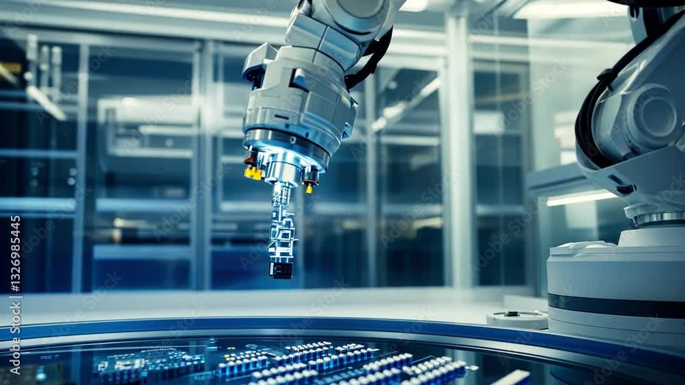 Poster robotic arm automation in modern factory precision and innovation in manufacturing electronic compon