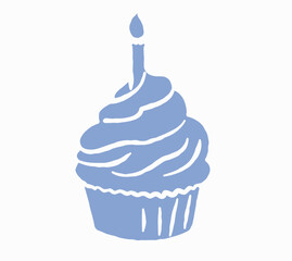 Hand-drawn cupcake with birthday candle in blue silhouette style. Minimalist bakery-themed illustration for greeting cards, invitations, and decorative prints. Birthday and celebration concept