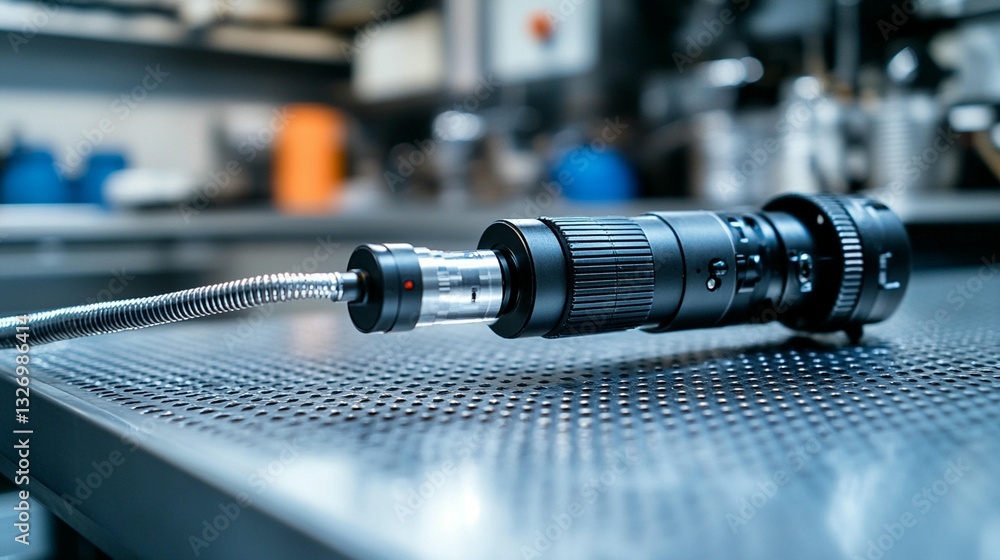 Aufkleber close-up of a precision lens system on a metallic surface in a laboratory setting.
