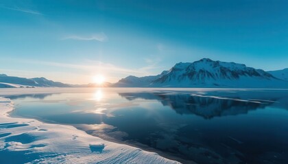 Serene Winter Landscape at Sunrise Over Calm Waters and Snow-Capped Mountains in a Tranquil Arctic Environment