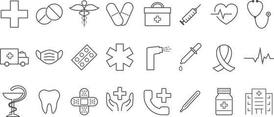 Medical icons, signs and symbols. Medical icons set.  Outline sign of medicine.