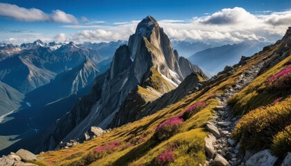 Majestic Mountain Landscape with Colorful Wildflowers Under a Clear Blue Sky Captured in Serene Nature