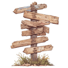 Wooden Signpost Crossroads: An evocative illustration showcases a weathered wooden signpost at a crossroads, offering multiple directions and hinting at choices and decisions.