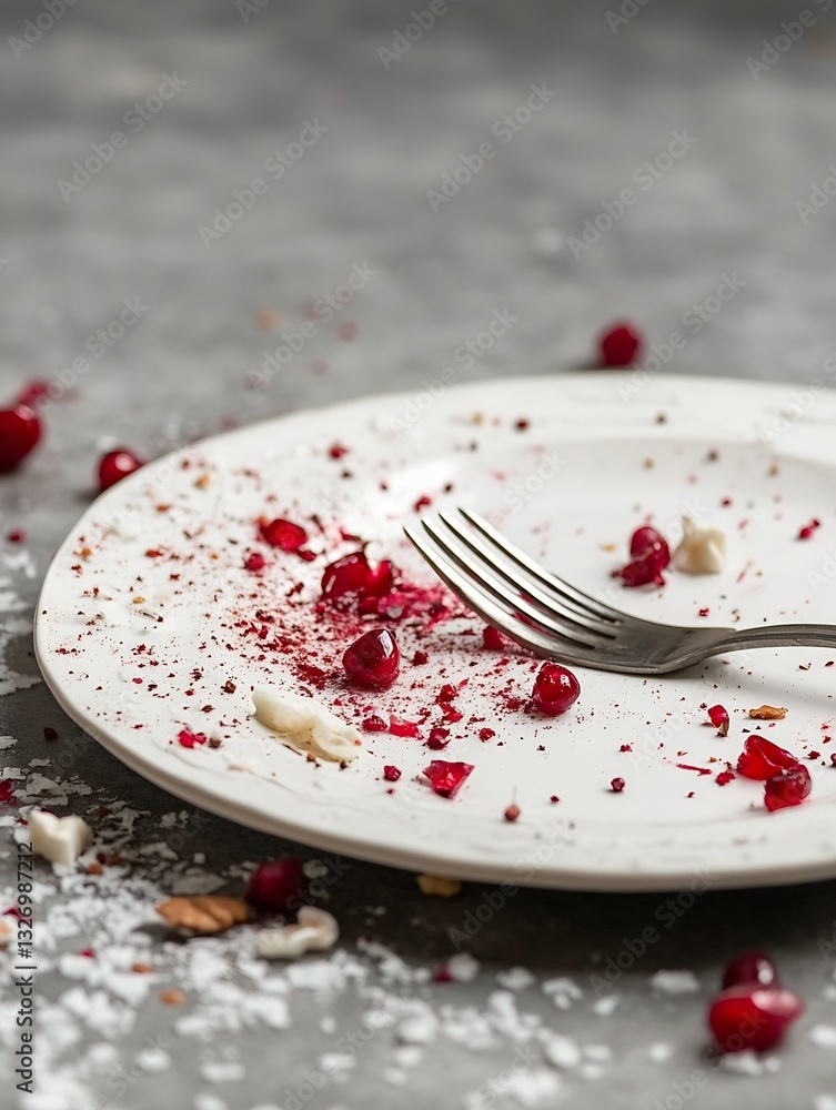 Poster Empty Plate with Fork and Colorful Leftovers After a Gourmet Meal Experience : Generative AI