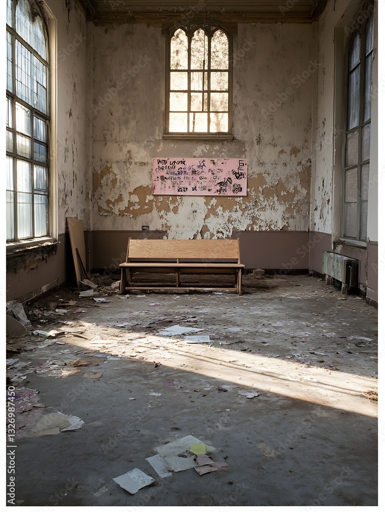 Poster abandoned room with worn furniture and peeling walls illuminated by natural light creating a somber 