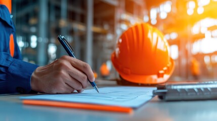 Construction worker signing documents at job site office environment action professional viewpoint safety focus