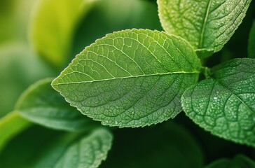 Fototapeta premium Green Leaf with Intricate Veins and Vibrant Mint Leaves. High Detail and Natural Organic Texture