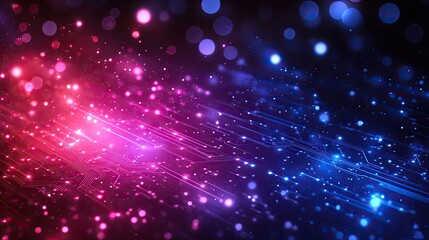 Fototapeta premium Abstract tech background, glowing circuit lines, pink blue bokeh, digital future