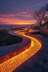 Fototapeta premium Sunset coastal path illuminated water feature