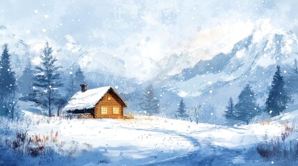 A snowy cabin sits nestled in a wintery mountain landscape