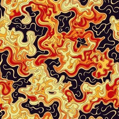 Abstract Psychedelic Swirls: A Seamless, Retro-Inspired Pattern in Red, Orange, Yellow, and Black with a Fluid, Dreamlike Quality