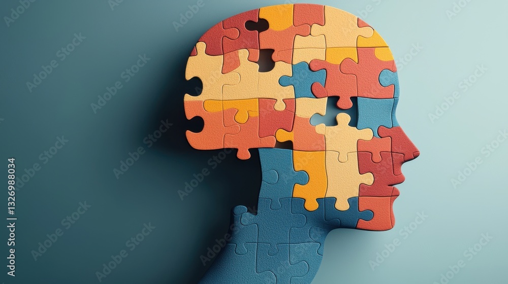 Poster colorful and abstracted puzzle pieces forming the shape of a human brain representing the complex co