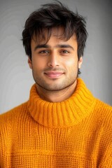 Fototapeta premium A young man with dark hair is smiling confidently while wearing a bright orange sweater. The neutral backdrop highlights his cheerful expression and relaxed demeanor, creating a warm atmosphere