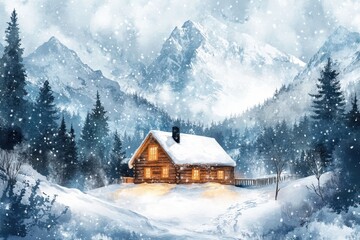 A cozy cabin surrounded by snowy mountains and evergreen trees
