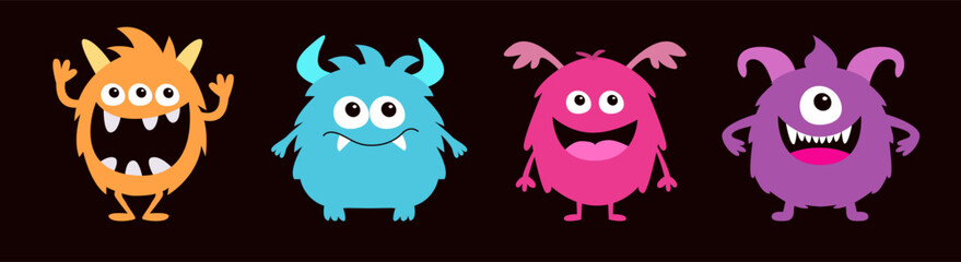 Monster set line. Kawaii cartoon funny character. Happy Halloween. Colorful silhouette monsters. Cute face with teeth, horns, eyes, hands. Childish baby collection. Flat design Black background Vector