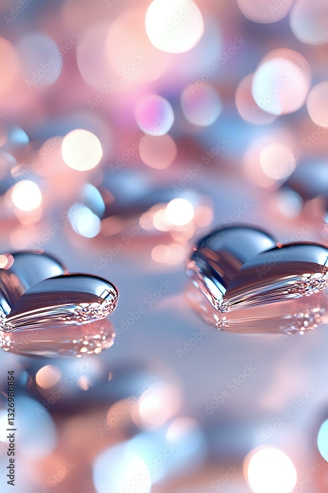 Poster Macro water drops with soft pink and blue bokeh background creating romantic atmosphere. Reflective surface shows delicate light patterns and abstract shapes.