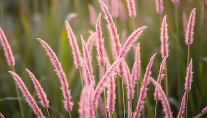 Fototapeta premium Pink Muhly Grass Background, Backlit. White tone