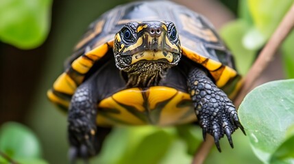 Obraz premium Closeup view of a beautiful turtle perched among lush greenery in its natural habitat : Generative AI
